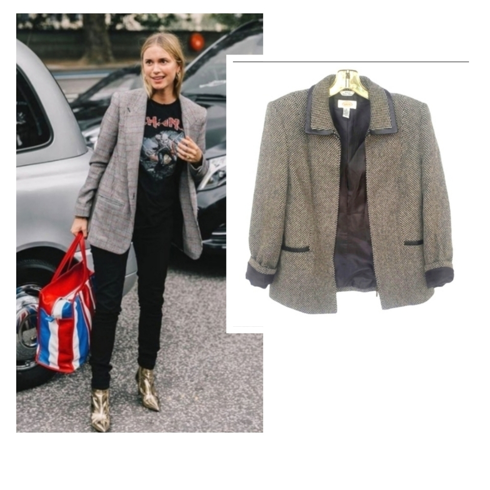 Talbots Wool Tweed Jacket B&W Leather Trim w/ Pockets Italian Fabric Mad…